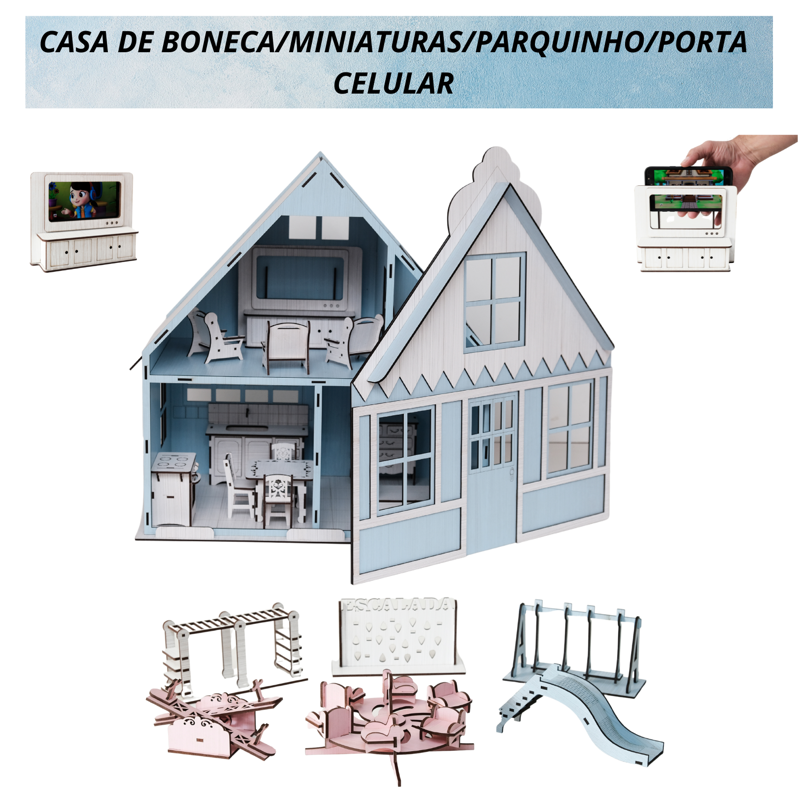 Casa Casinha De Boneca Mdf 26 Miniaturas + Rack P/ Celular Rosa - Perli  Designer